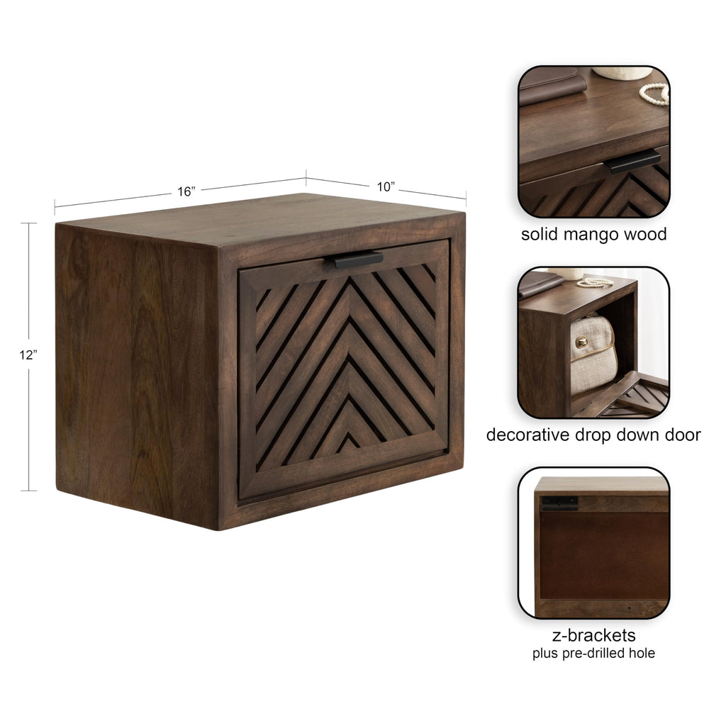 Mezzeta Modern Floating Shelf Side Table with Storage Cubby; 16 x 10 x 12; Natural Wood; Decorative Slatted Wood