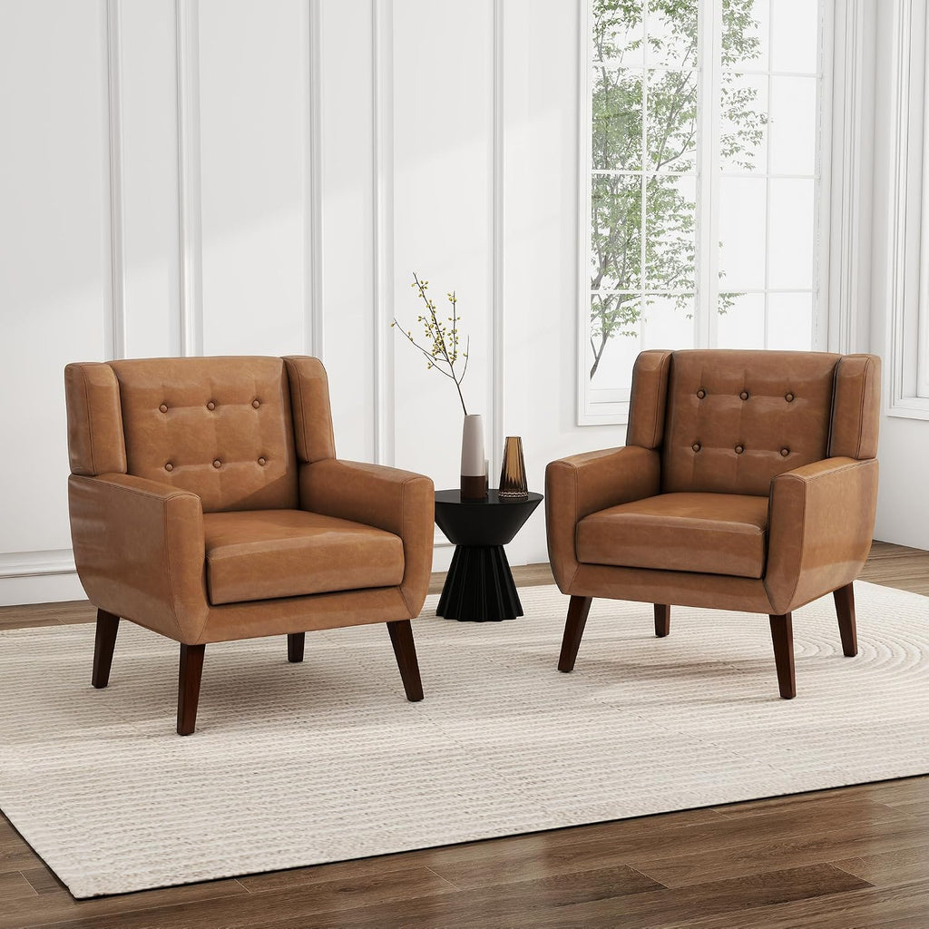 PU Leather Accent Chairs, Upholstered Armchair, Brown - Set of 2