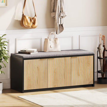 2-Tier Shoe Storage Bench with 3 Doors & Adjustable Shelf, Removable Padded Seat Cushion, 41.3" Entryway Bench - Wood