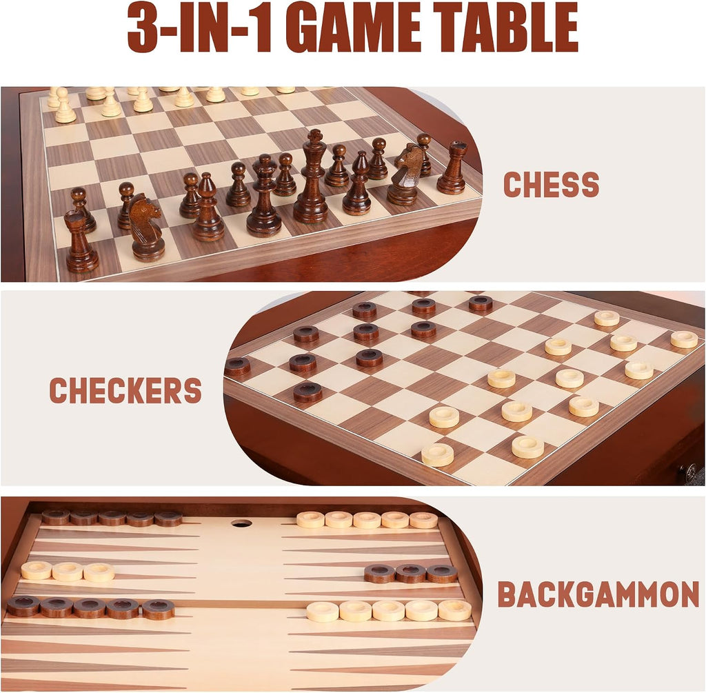 GSE Deluxe 3-in-1 Chess Checkers Backgammon Game Table Set with Game Pieces - Set of 32