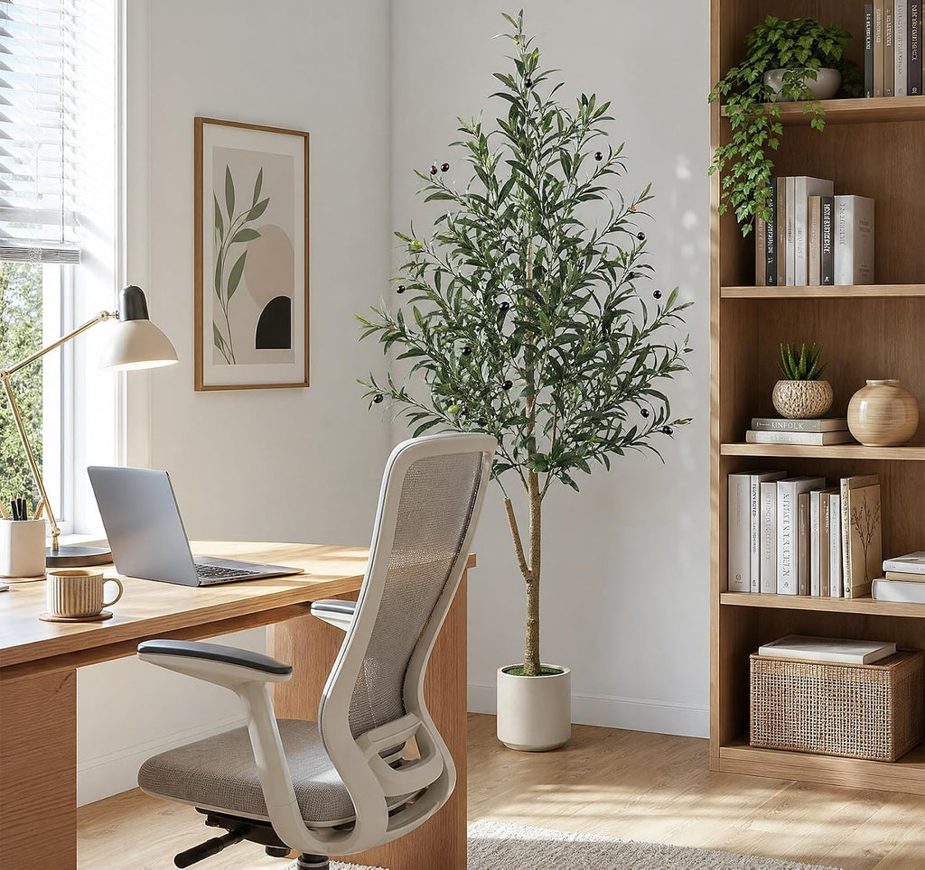 6FT Olive Trees Artificial Indoor, Fake Olive Tree with Heavy White Planter