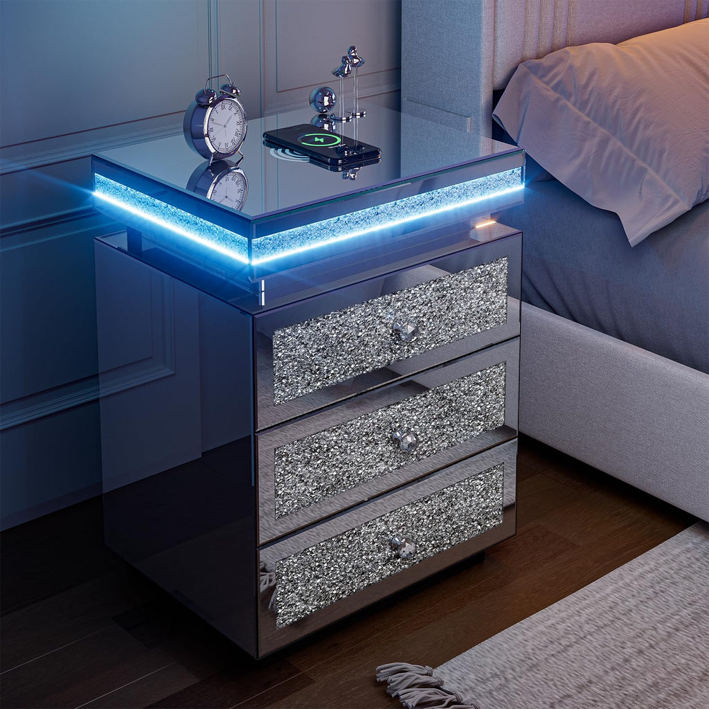 Mirrored Nightstand Set of 2, LED End Table with Wireless Charging Station, Modern Accent Side Table with 3 Crushed