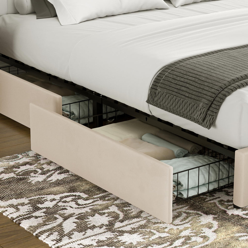 King Size Upholstered Bed Frame with 4 Drawers and Headboard, Velvet Platform Storage Bedframe, Wooden Slats Support
