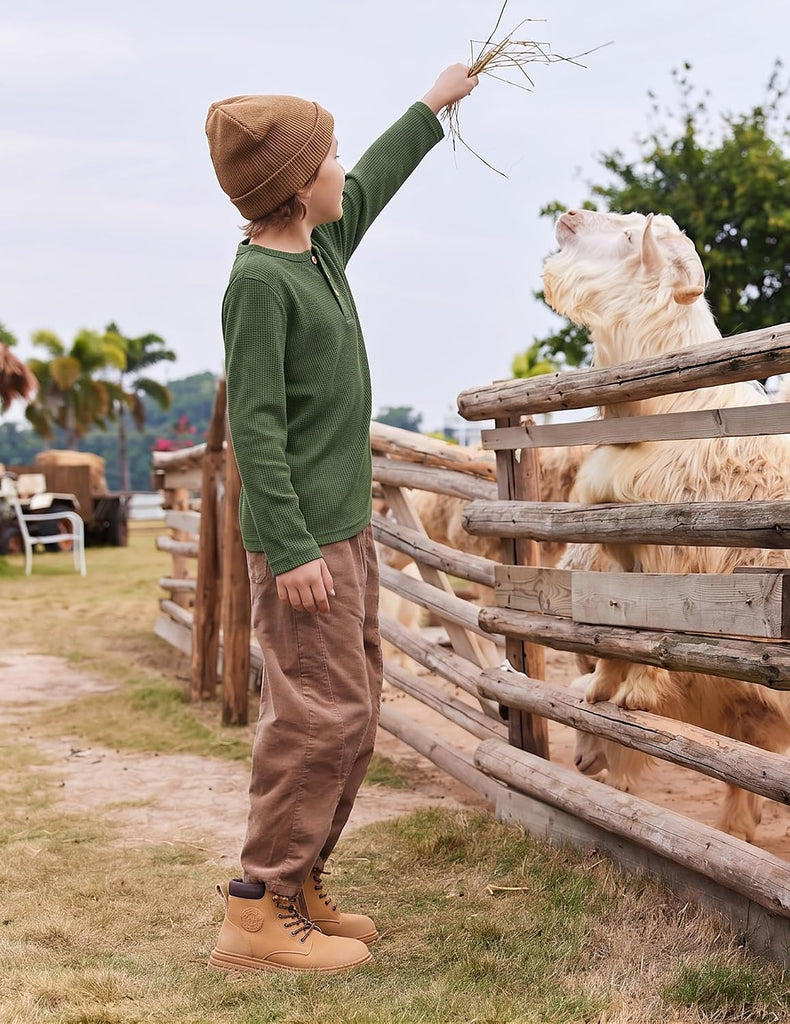 Boys Long Sleeve Thermal Shirts Waffle Henley Tops