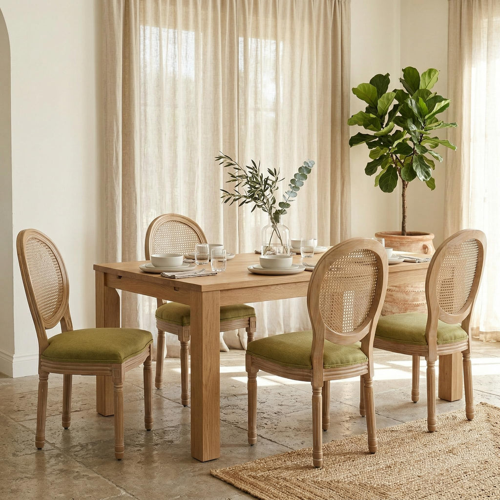 Vintage French Country Dining Chairs Set of 4, Farmhouse Rattan Dining Room Chairs with Round Back, Linen Upholstered