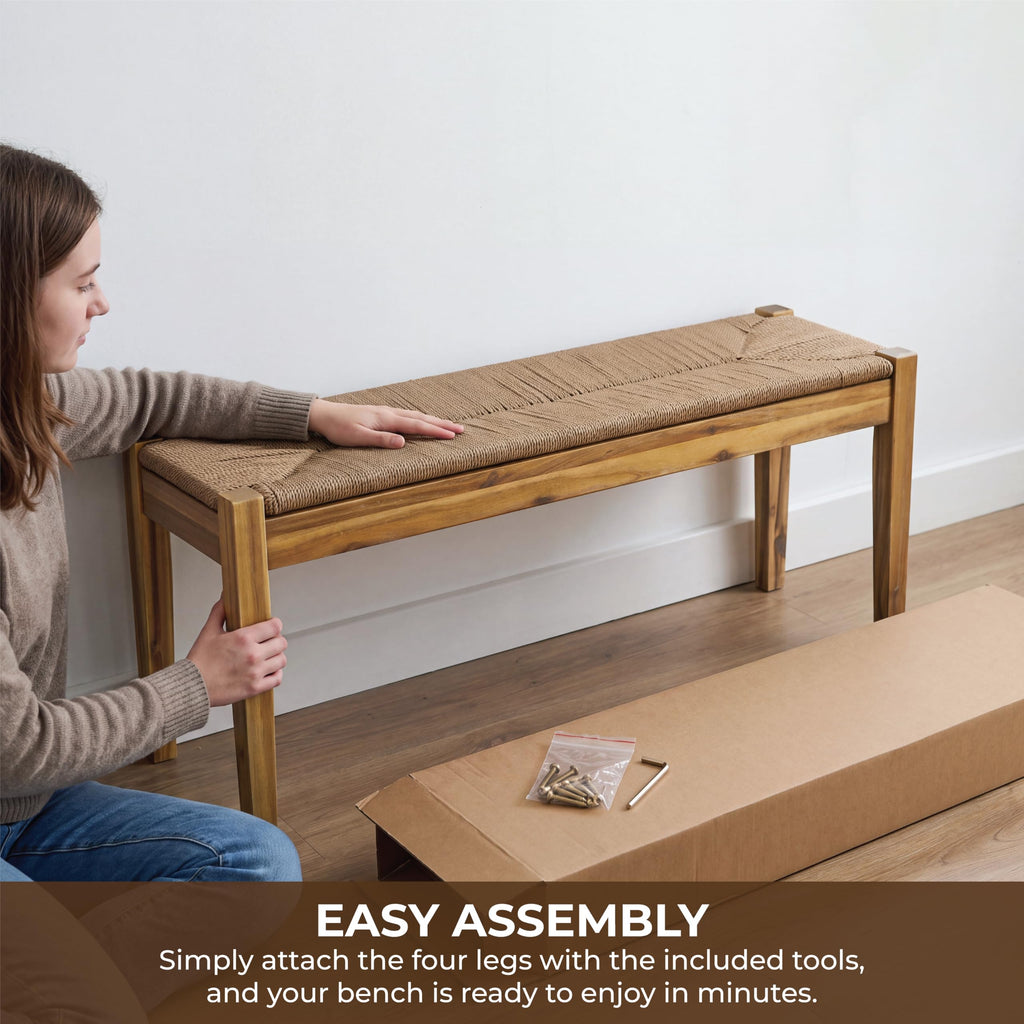 46-Inch Acacia Wood Bench with Woven Rope Seat, Indoor Entryway Bench