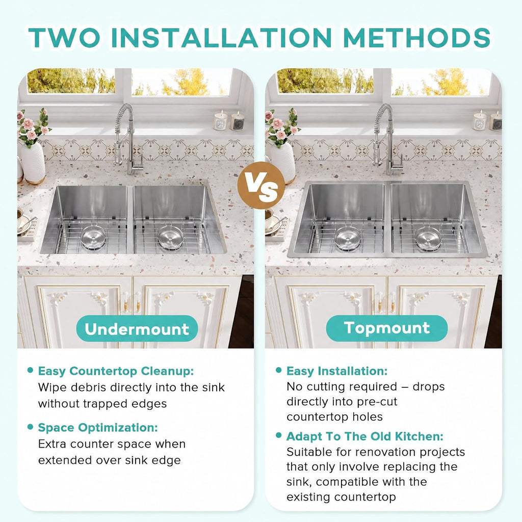32 Inch Stainless Steel Double Sink,50/50 Undermount Double Sink | 16-Gauge T304 Double Bowl Kitchen Sink 32''x18'',9
