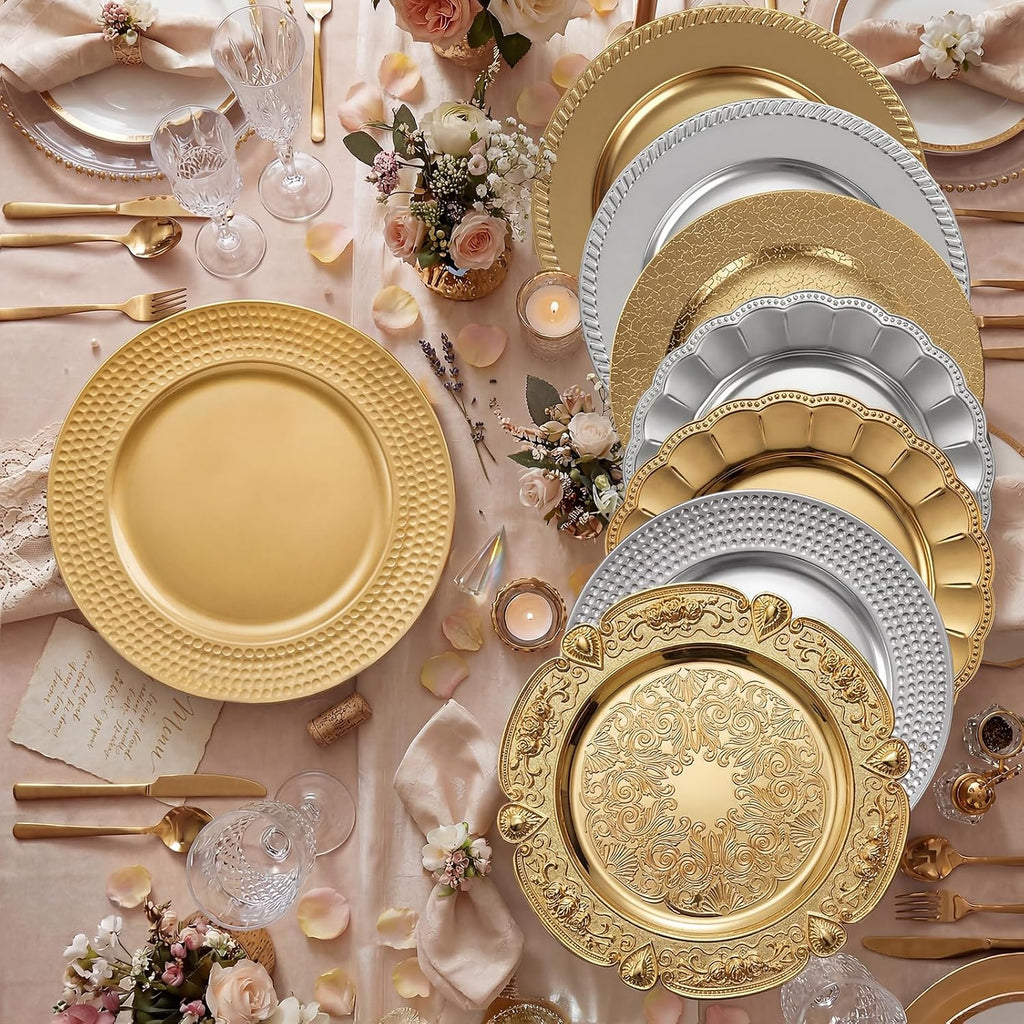 100 Pcs 13" Gold Charger Plates,Round Charger Plates with Hammered Rim,Premium Gold Chargers,Stylish Chargers for