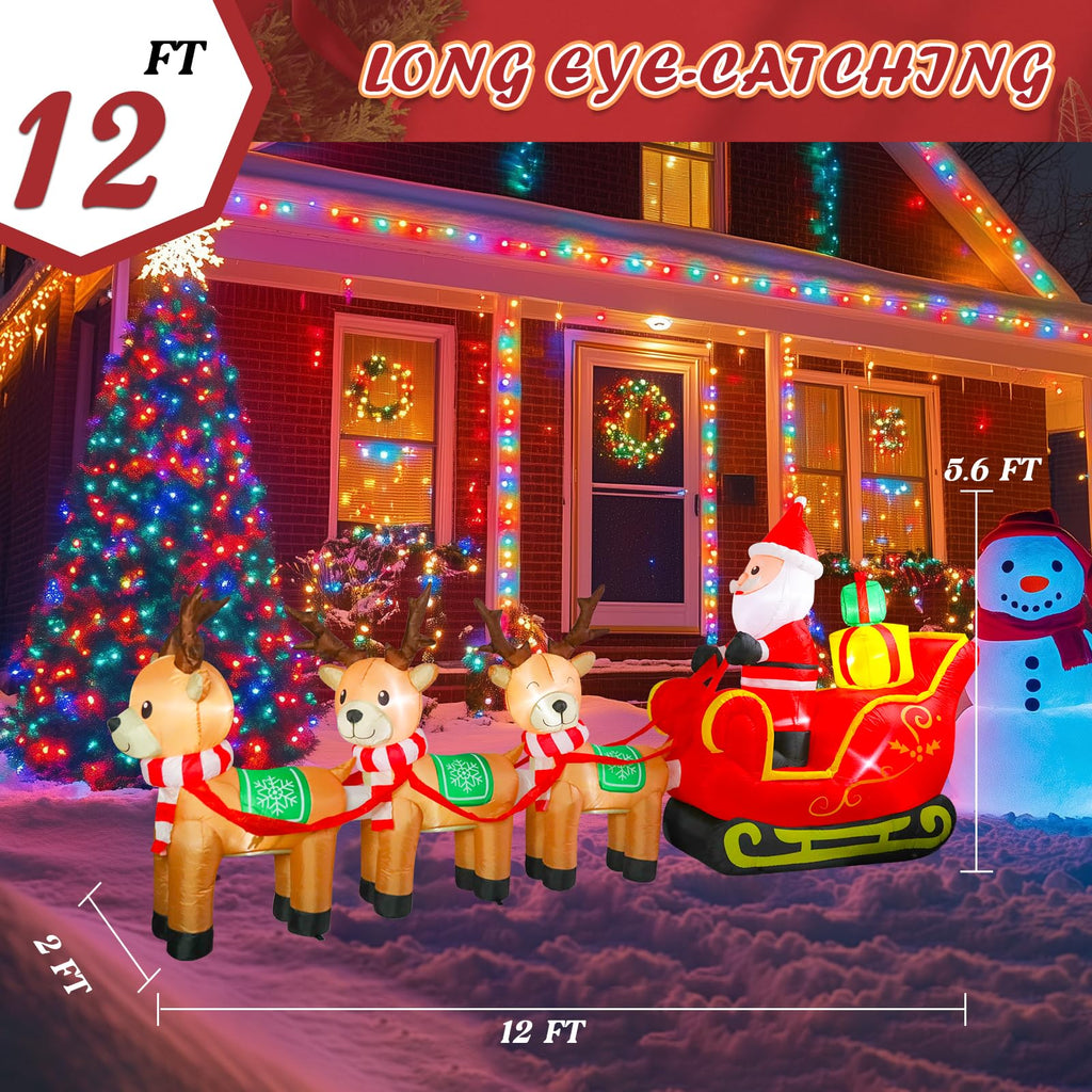 12FT Christmas Inflatable Outdoor Santa Claus on Sleigh & Reindeer Decor