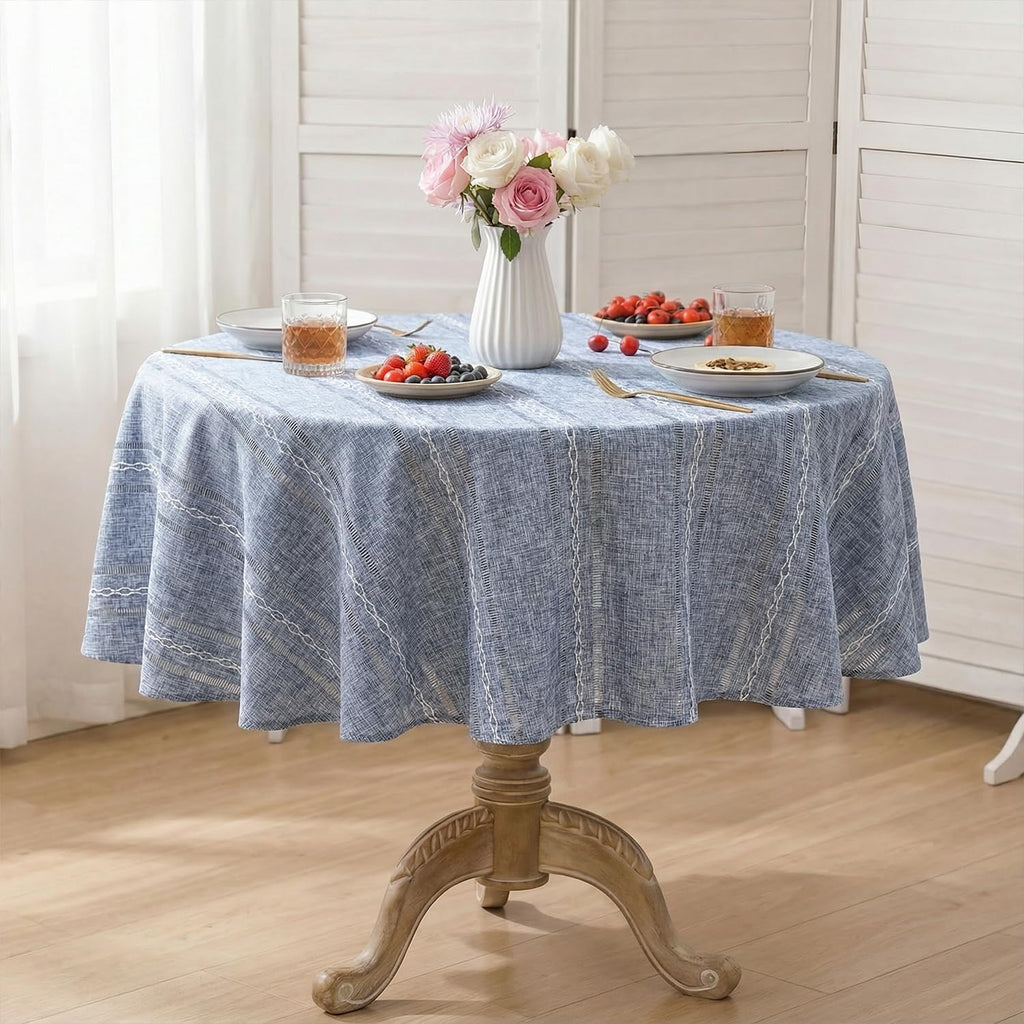 Blue Round Tablecloth, 70×70 Inch, Farmhouse Decor