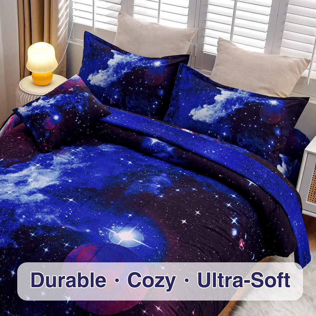 Galaxy 6Pcs Bedding Sets Outer Space Comforter Bed in a Bag 3D Printed Quilt,for Children Boy Girl Teen Kids,Full 6Pcs