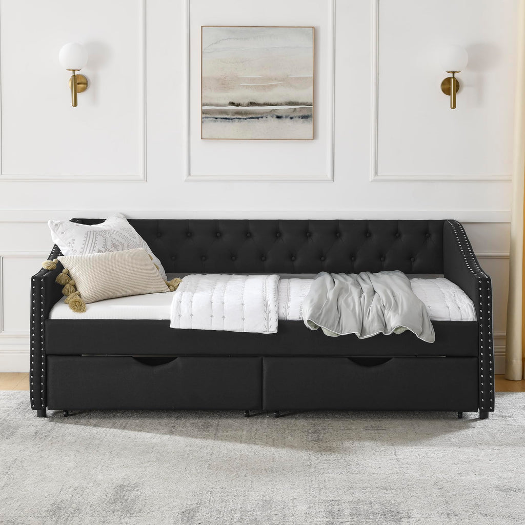 Twin Size Upholstery Daybed with 2 Drawers and Headboard, Mid-Century Style Tufted Sofa Bed with Button on Back, Easy