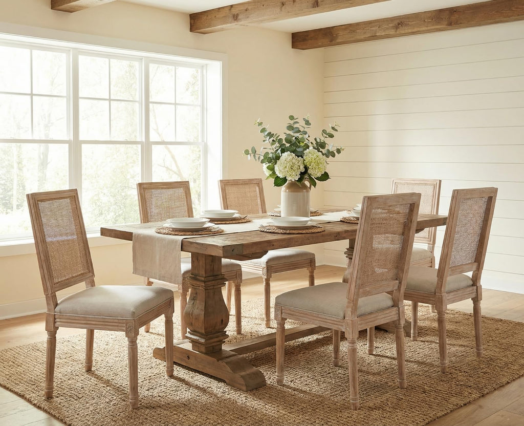 Farmhouse Dining Chairs Set of 6, French Rattan Dining Room Chairs with Distressed Wood Upholstered Vintage Side