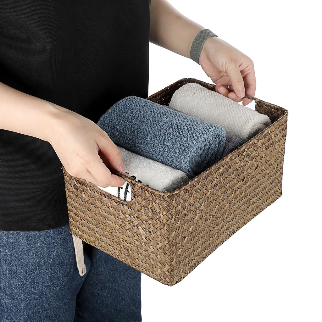Seagrass Storage Basket for Shelf Organizing, Opened Baskets Bin Handwoven Wicker Baskets Rectangular Decorative