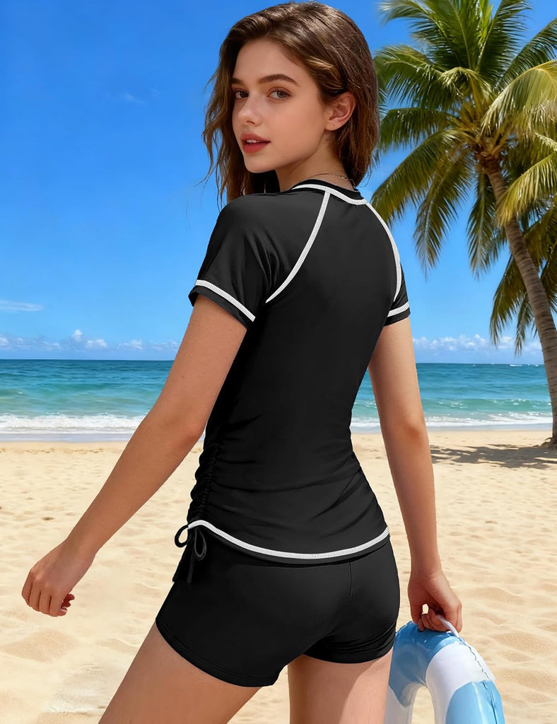 Girls Swimsuit Rash Guard Bathing Suit for Girls 2 Piece Short Sleeve Solid Color UPF 50+ Padded Zip Swimwear