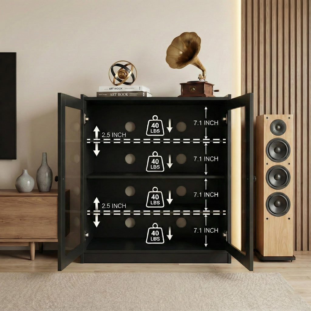 Audio Stereo Cabinet with Glass Doors, 35.4" Tall AV Component Media Stand, Record Player Stand with Adjustable