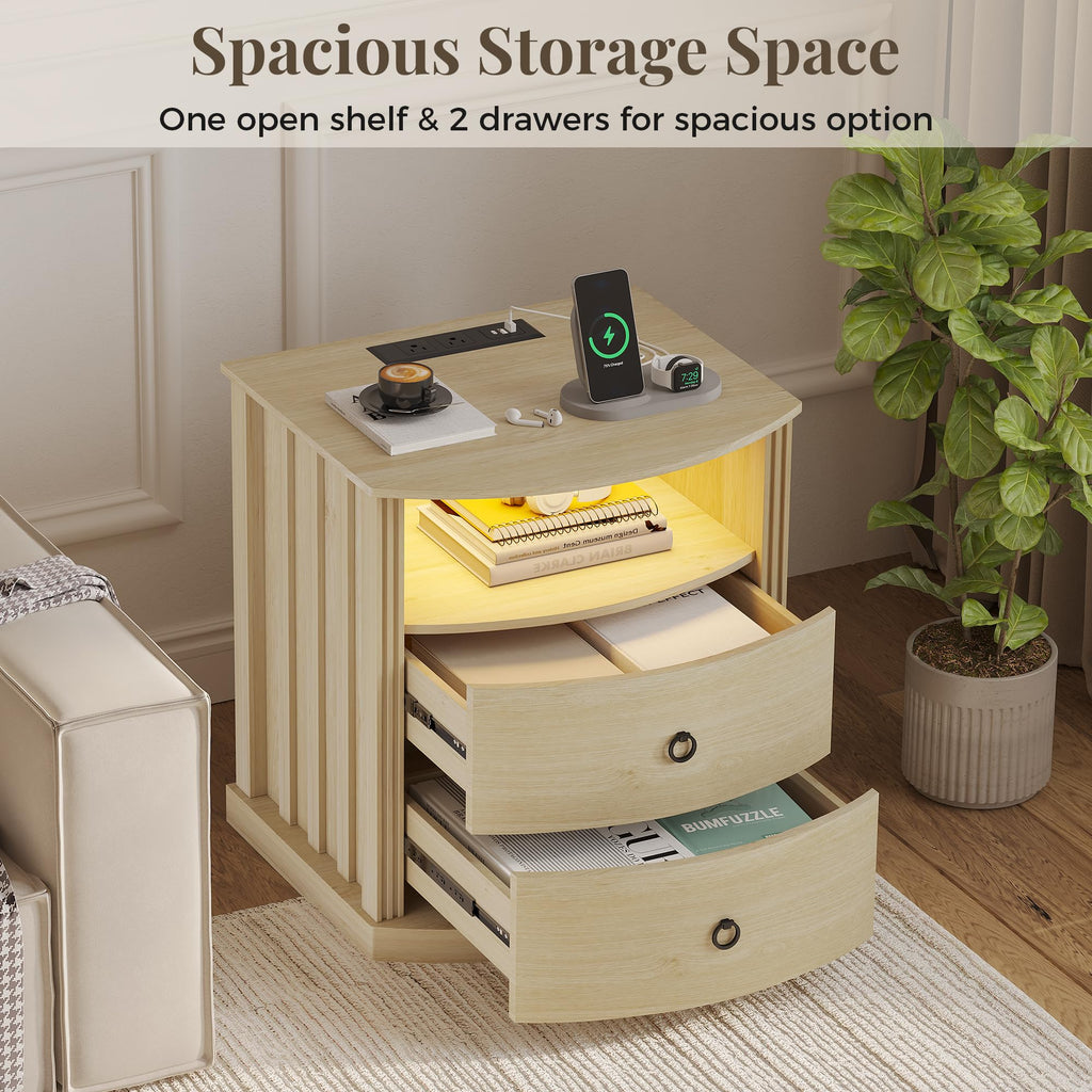 Oak Nightstand with Charging Station, 2 Drawers, Dimmable Light