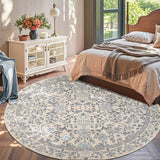 Zenith Round Rug 8ft Area Rug Soft 8'Round Vintage Floral Rug Non-Slip Low-Pile Machine Washable Car
