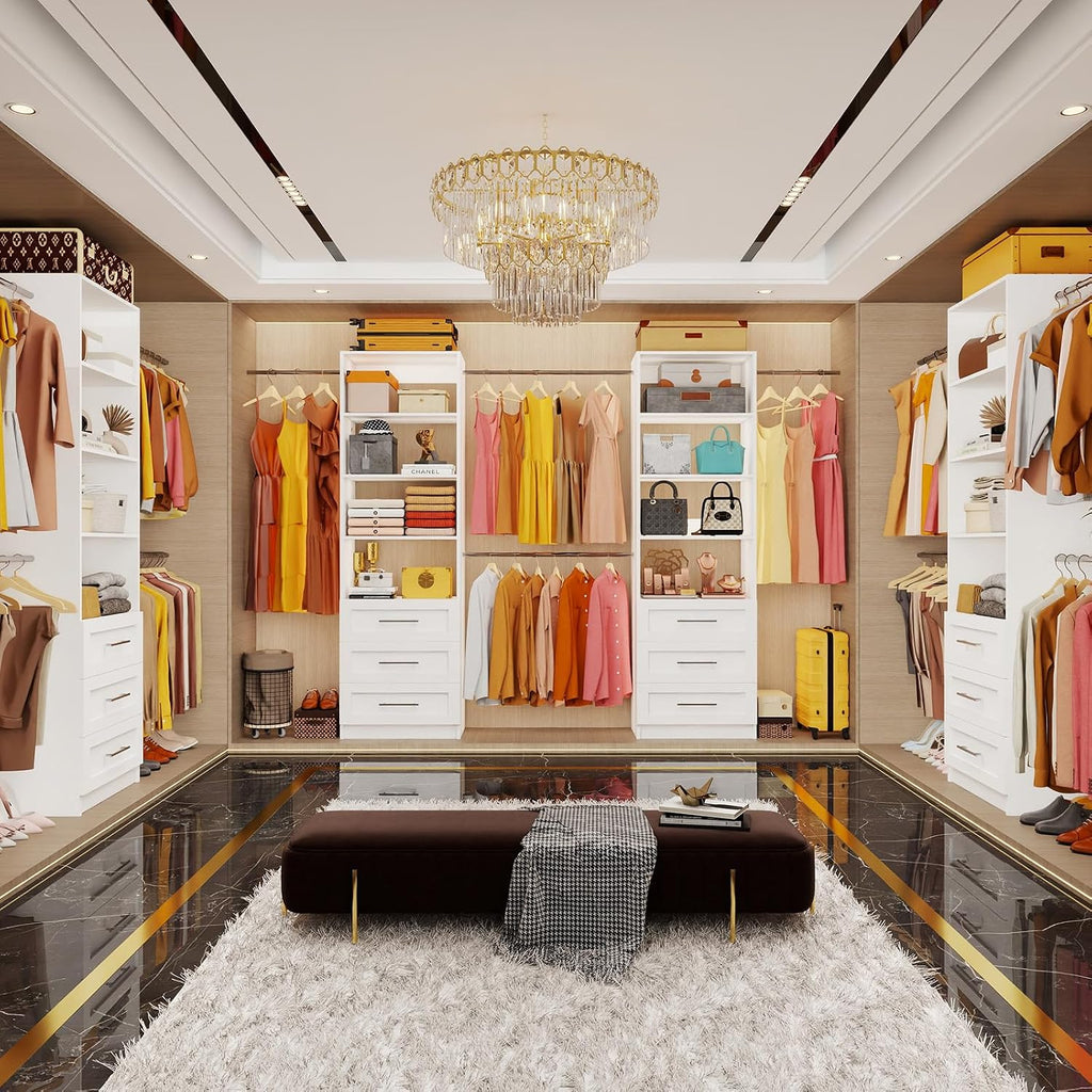 Closet System with Drawers, 5-9FT Closet Organizer System with 4 Expandable Rods & Adjustable Shelves for Walk in