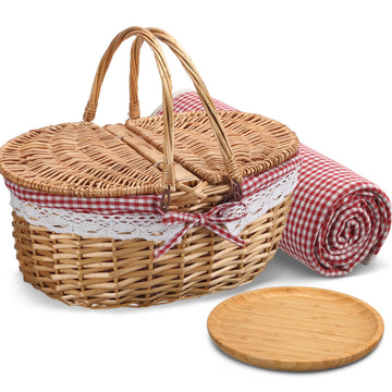 Picnic Basket with Blanket and Bamboo Plate Picnic Supplies, Red