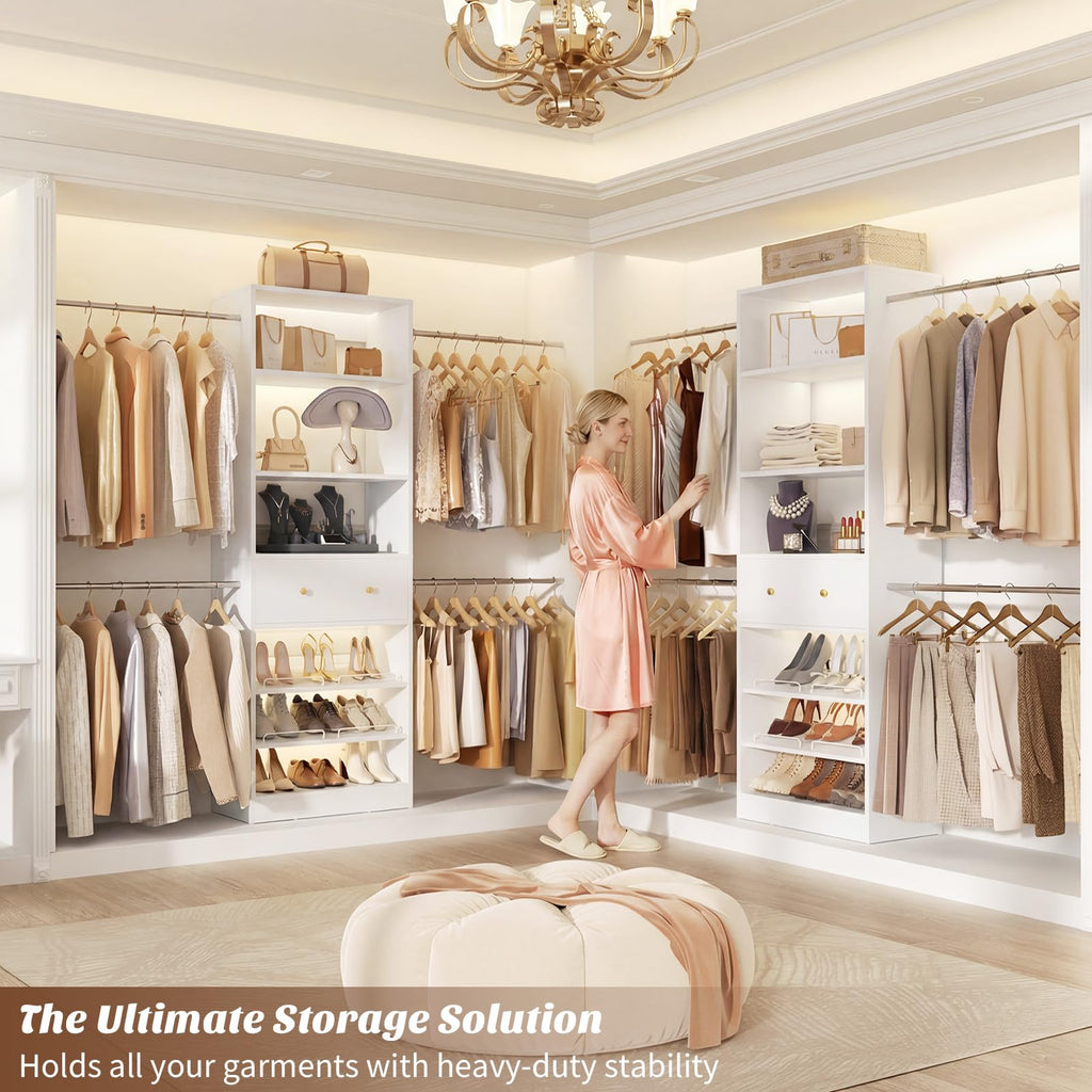 Wood Closet Organizer System - 4FT-9FT Expandable Wardrobe Closet with Drawer & 4 Hanging Rods, Heavy Duty Walk-in