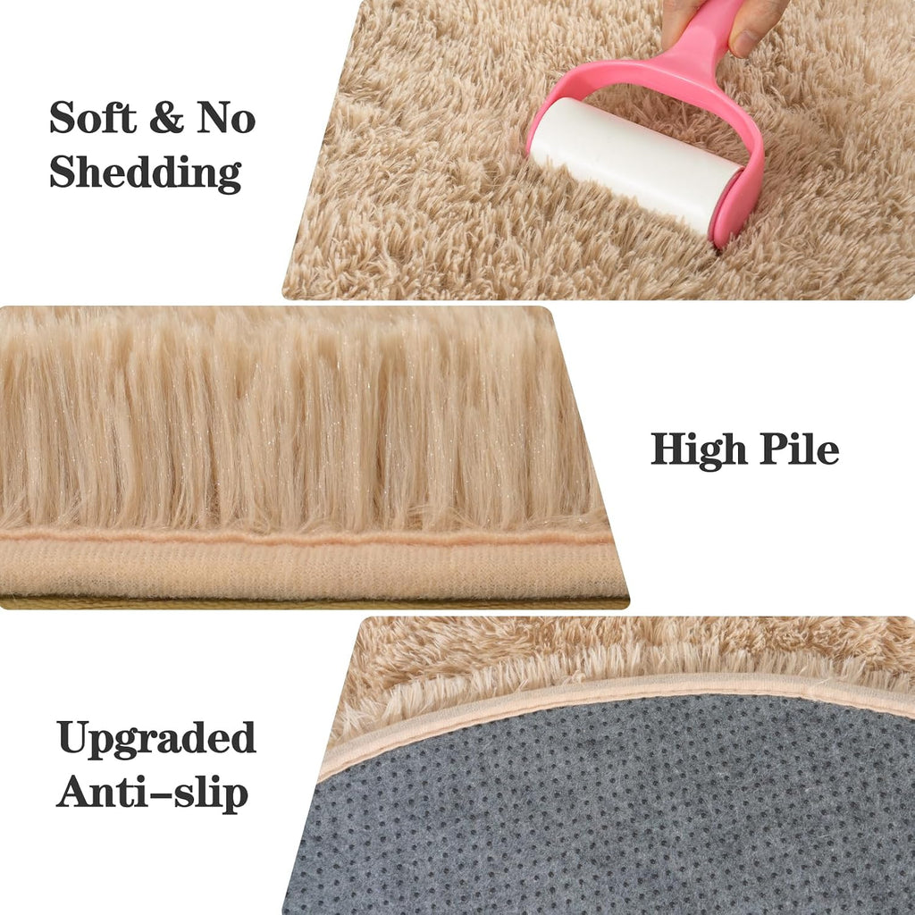 Soft Oval Beige Fluffy Rugs Washable Non-Slip, Set of 2