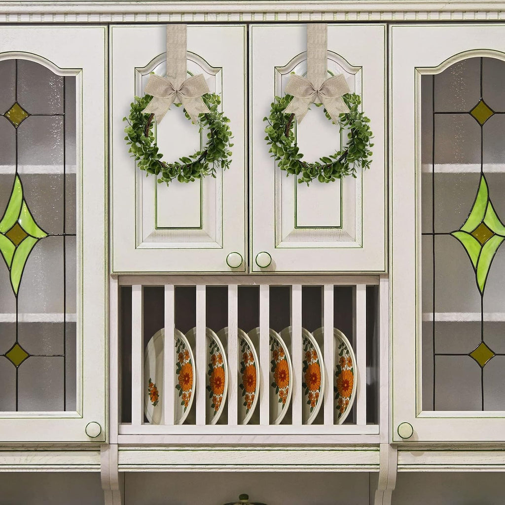 Christmas Kitchen Cabinet Wreath Boxwood Garland with Ribbon Greenery Garland Hanging Wreaths for Cabinet Wall - Set of 2
