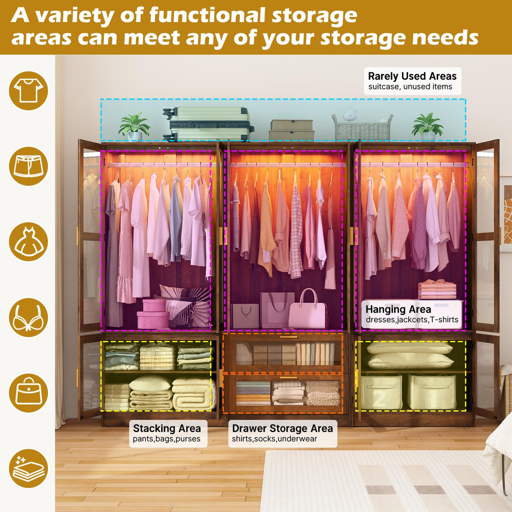6 Doors Armoire Wardrobe Closet with Sensor LED Light and Mirror