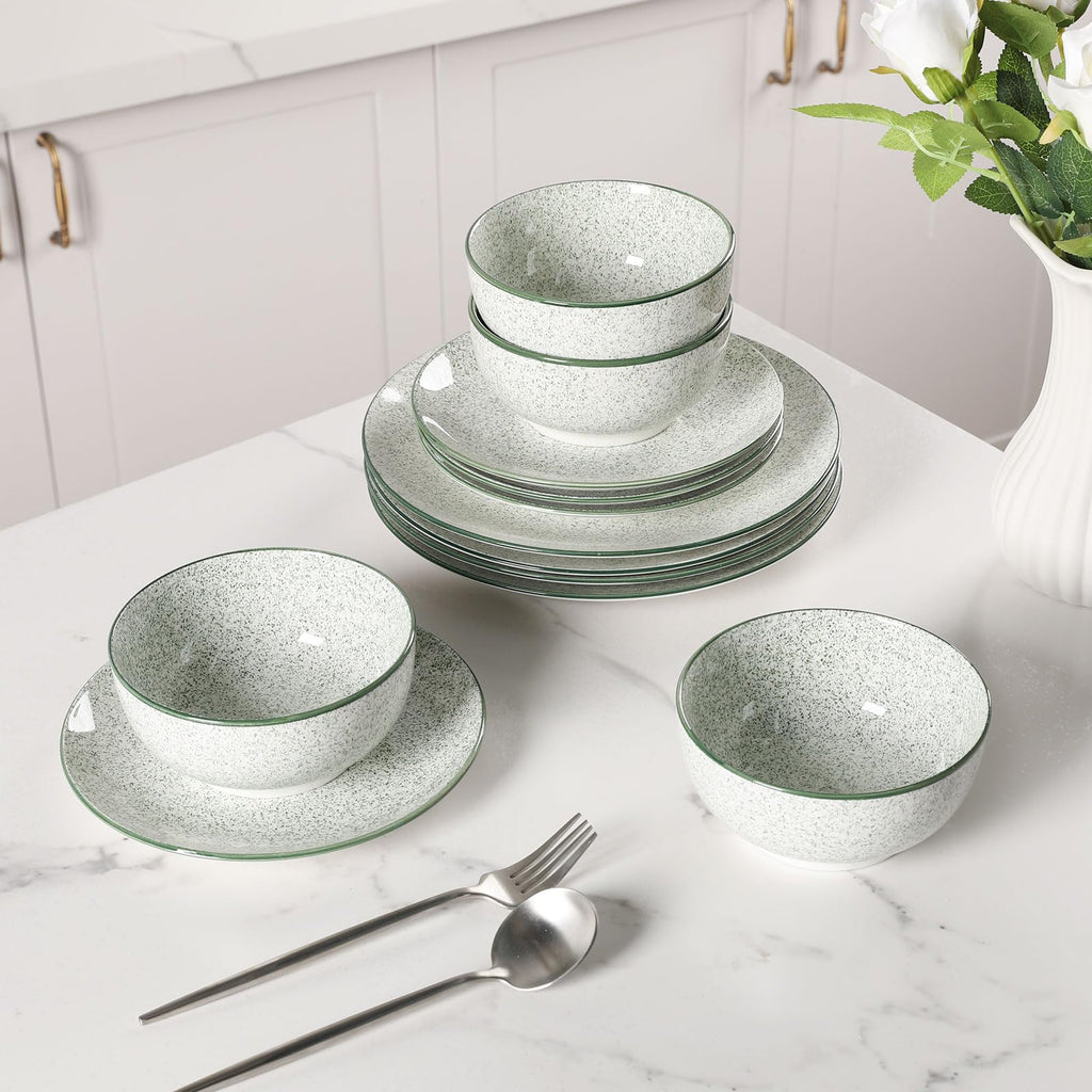 Dinnerware Set of 4,12 Piece Ceramic Plates and Bowls Set Green