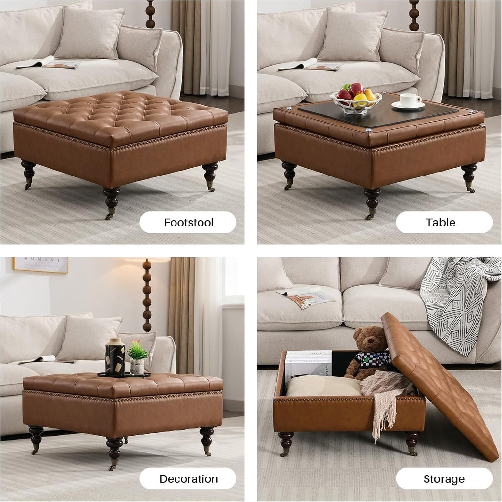 Large Square Storage Ottoman Uphlostered PU Button Coffee Table, Brown | Oversized Footrest Bench With Castered