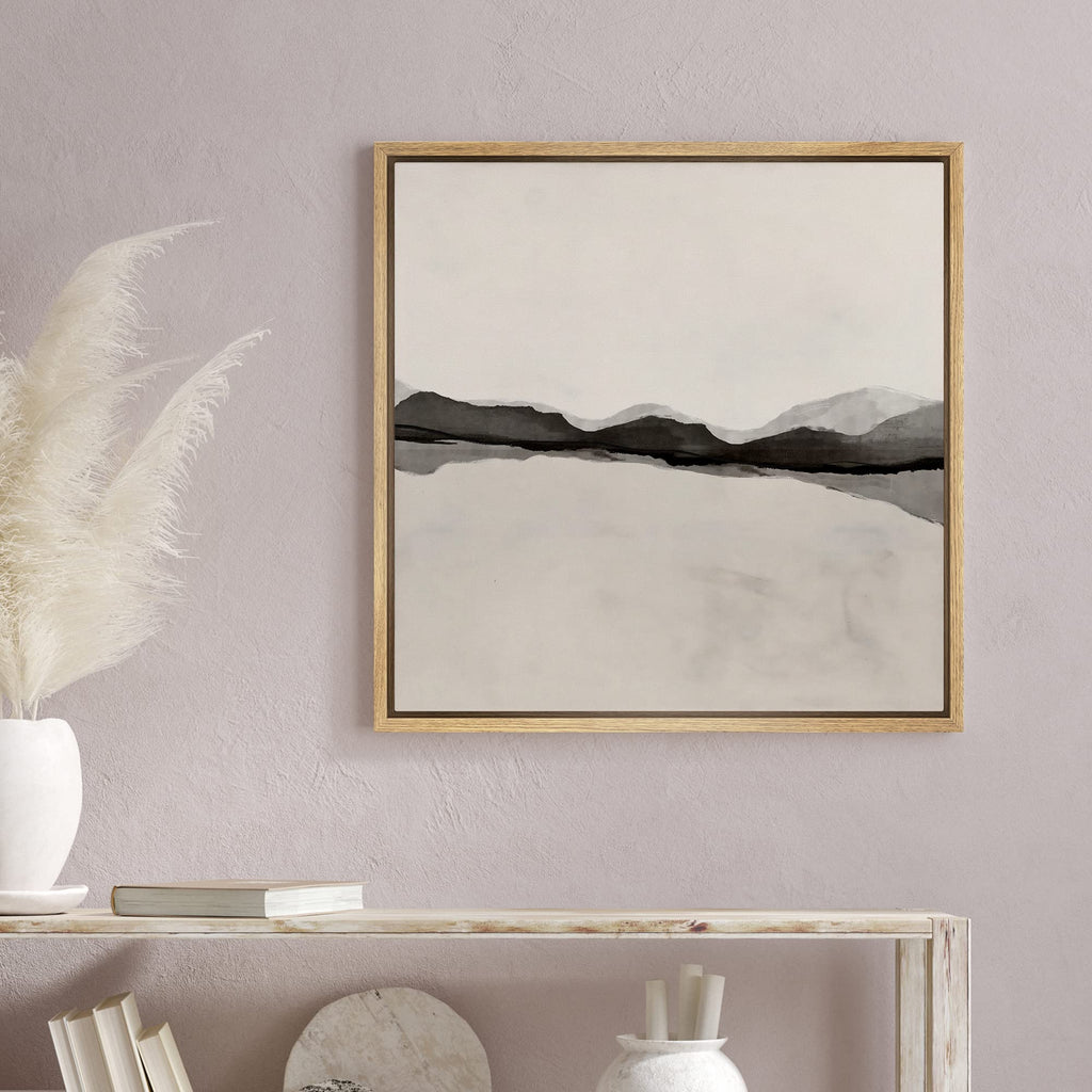 Framed Canvas Print Wall Art Black Tan Pastel Grunge Wave Collage Abstract Shapes Illustration Modern Art Decorative