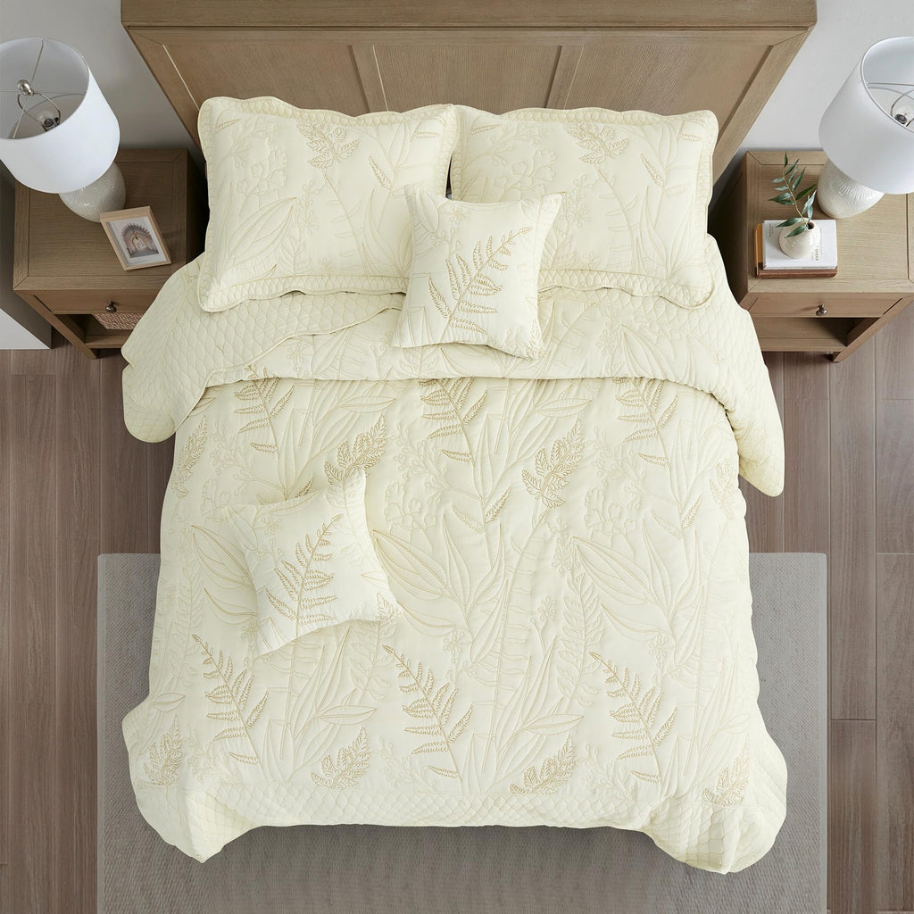 Bedspread oversized, King 120x118, Beautiful Leaf Stitching, 5 PC, Ivory