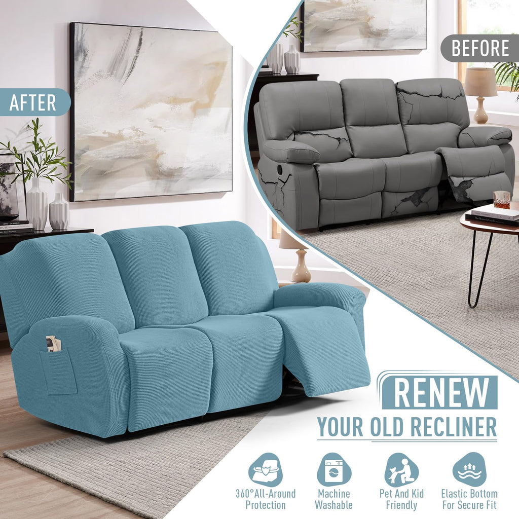 Stretch Recliner Sofa Covers 8 Piece, Dusty Blue