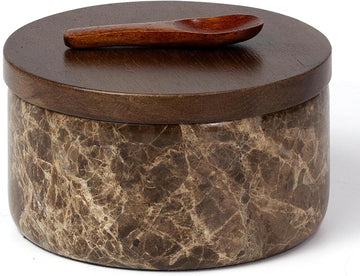 Marble Salt Cellar with Acacia Wood Lid & Spoon Brown 4" salt container