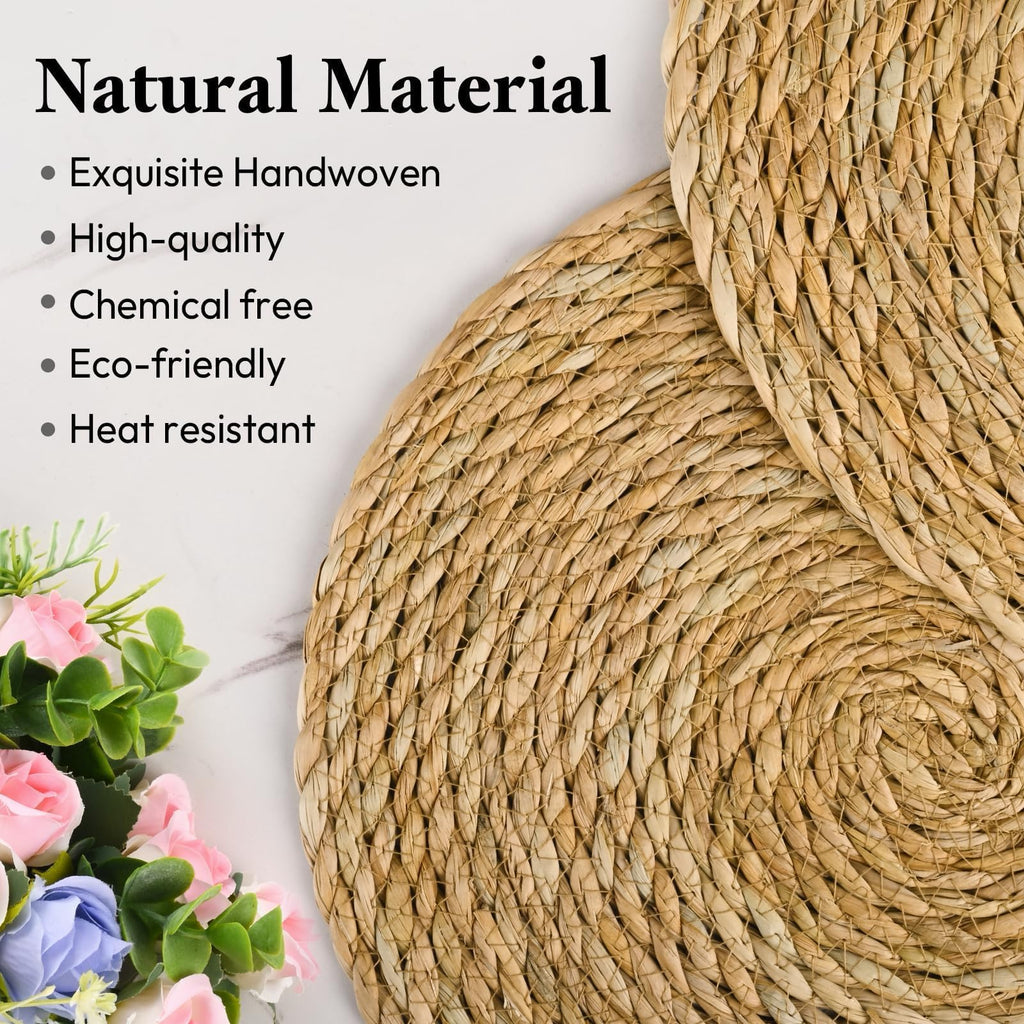 Set of 12 Round Woven Placemats, 13 Inch Rattan Chargers for Dinner Plates, Wicker Placemats, Boho Farmhouse Rustic