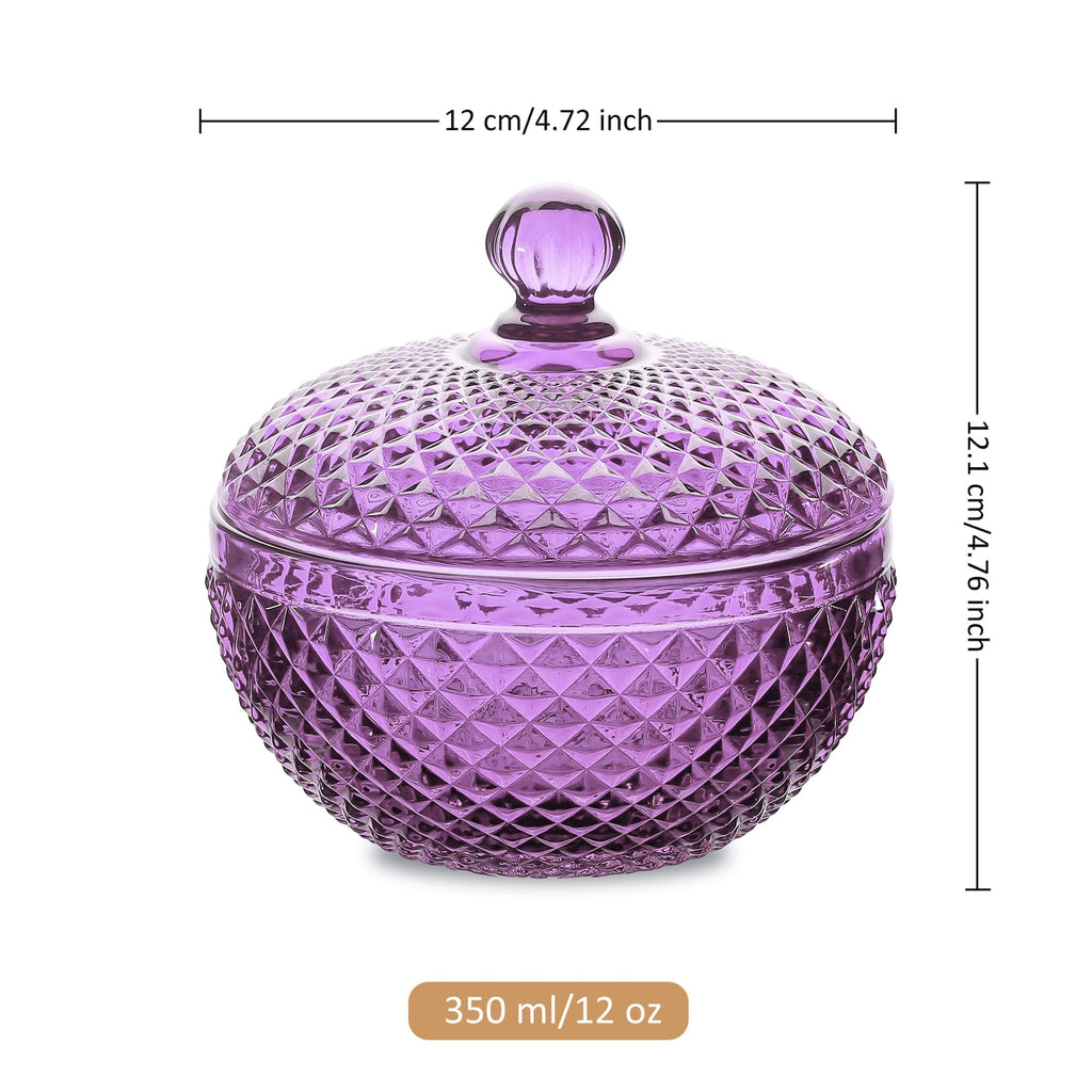 12 oz Small Purple Glass Jewelry Box Jars with Lid, Embossed Glass Candy Dishes, Diamond Faceted Food