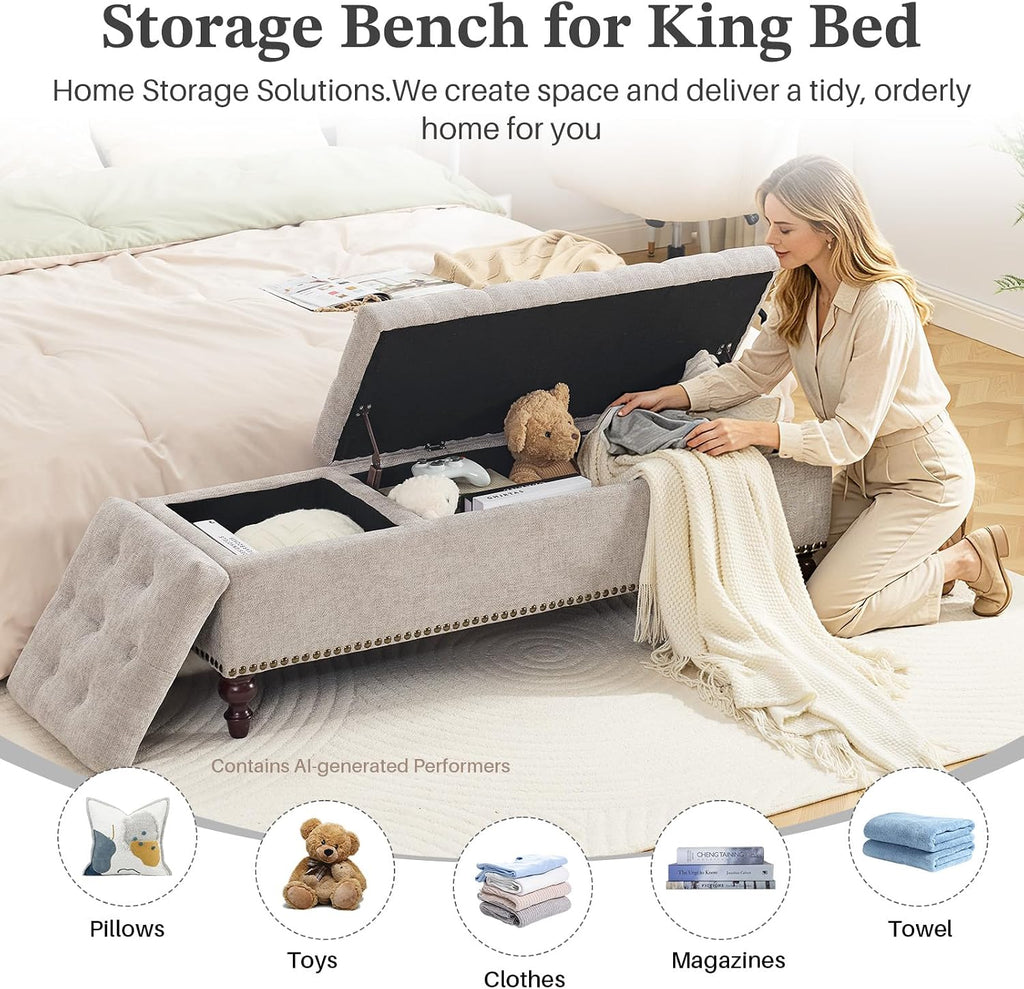 55" Storage Ottoman Bench, Tufted End of Bed Bench, Light Gray | 55" Tufted Storage Bench with 2 Compartments
