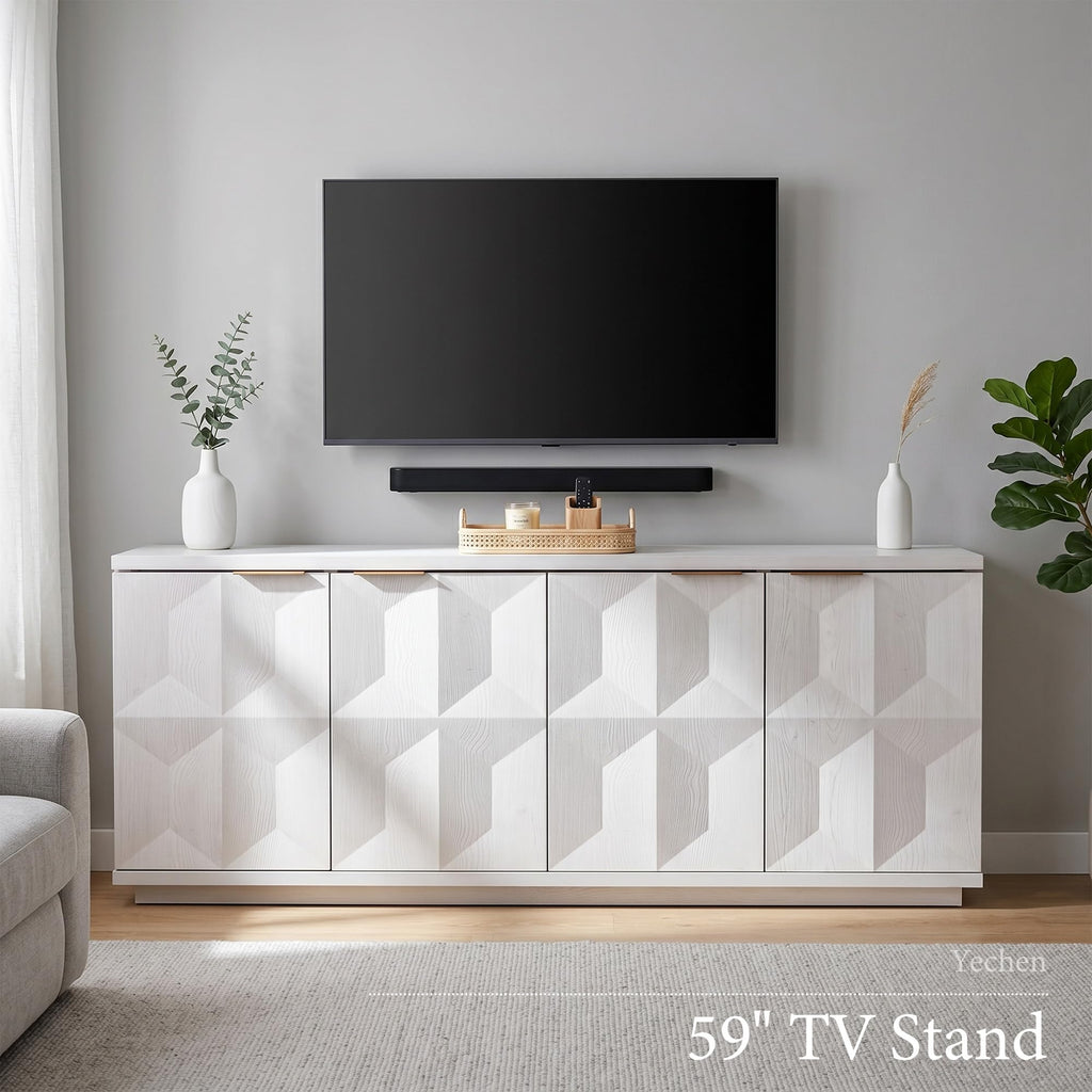 59"W Sideboard Buffet Cabinet with 3D Geometric Doors, White Oak