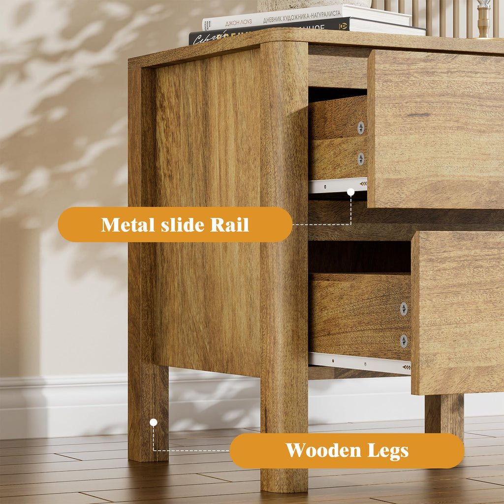 Mid Century Oak Nightstand with 2 Drawers, Modern Wooden Bedside Table with Hidden Handles and Wood Legs
