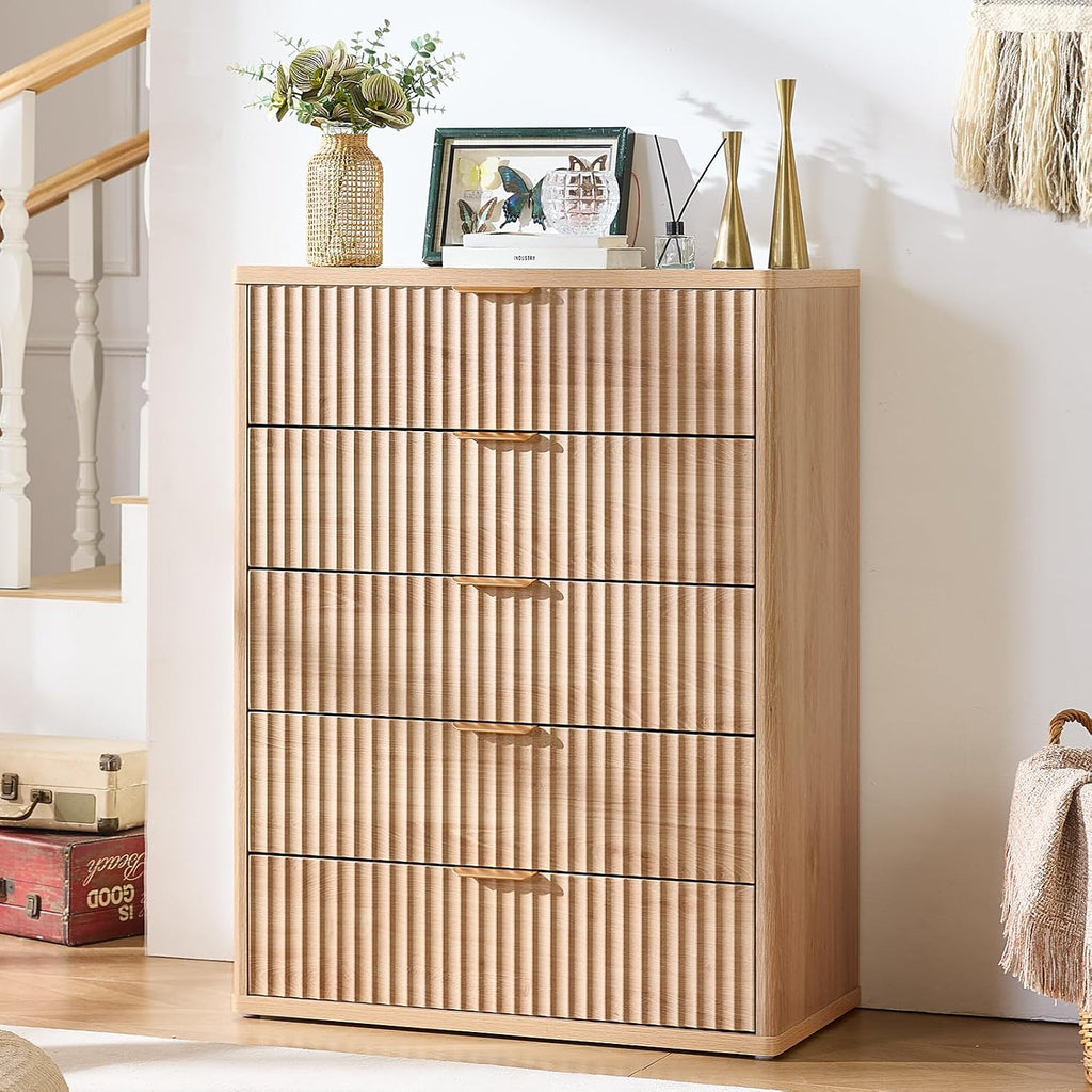 Fluted 5 Drawers Dresser , 41" Tall Modern Chest of Drawers with Metal Handle, Curved Profile Design,Natural Wood