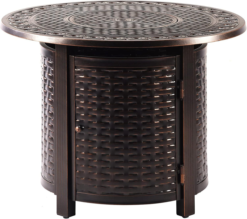 Round 34 in. x 34 in. Aluminum Propane Fire Pit Table with Glass Beads, Two Covers, Lid, 37,000 BTUs in Copper Finish