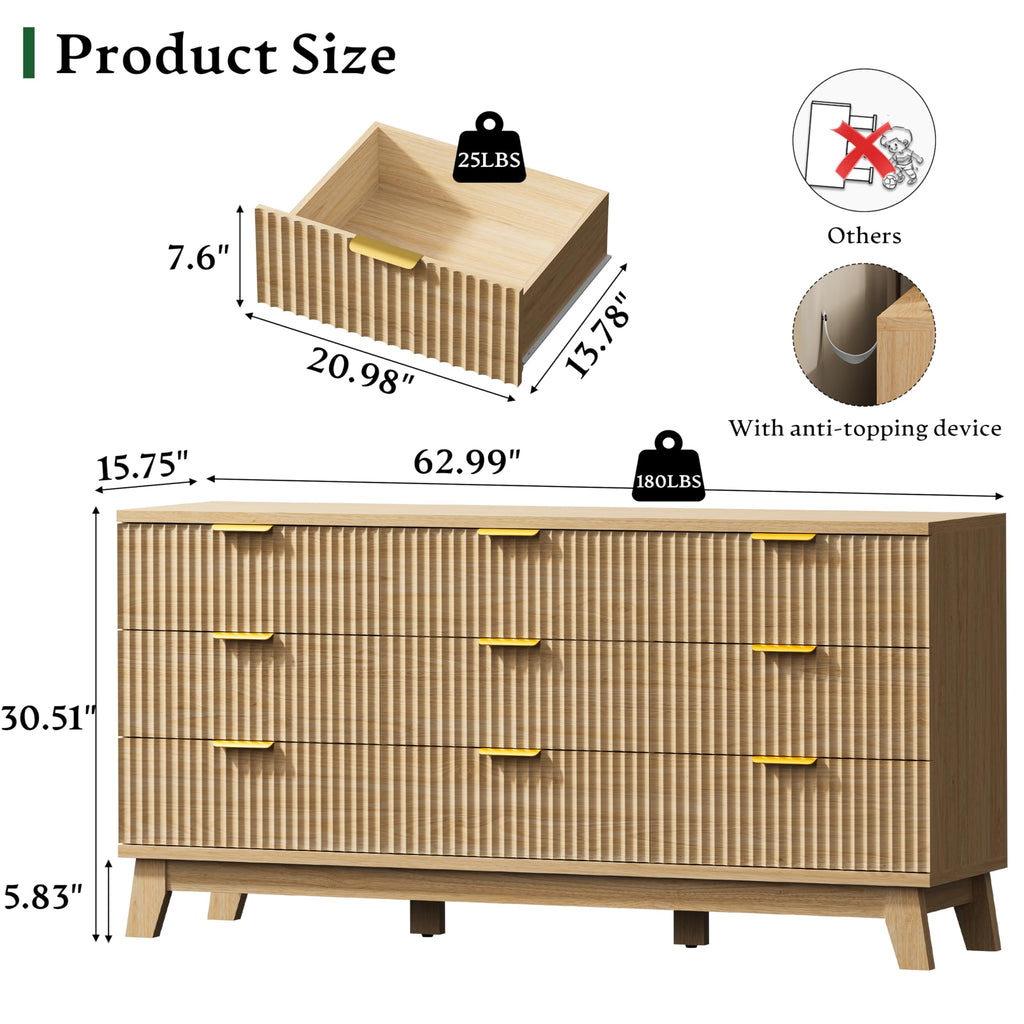 Fluted Dresser with 9 Drawers, 63" Wide Modern Chest of Drawers with Metal Handle, Wooden Dresser TV Stand, Wood