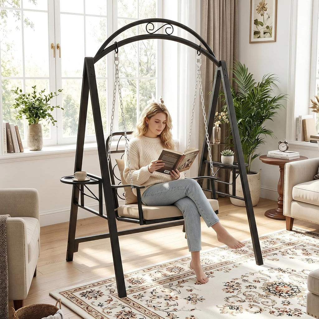 Porch Swing with Stand, Heavy-Duty Metal Patio Swing with Cup Holder | Outdoor Swings Chair for adults with Soft