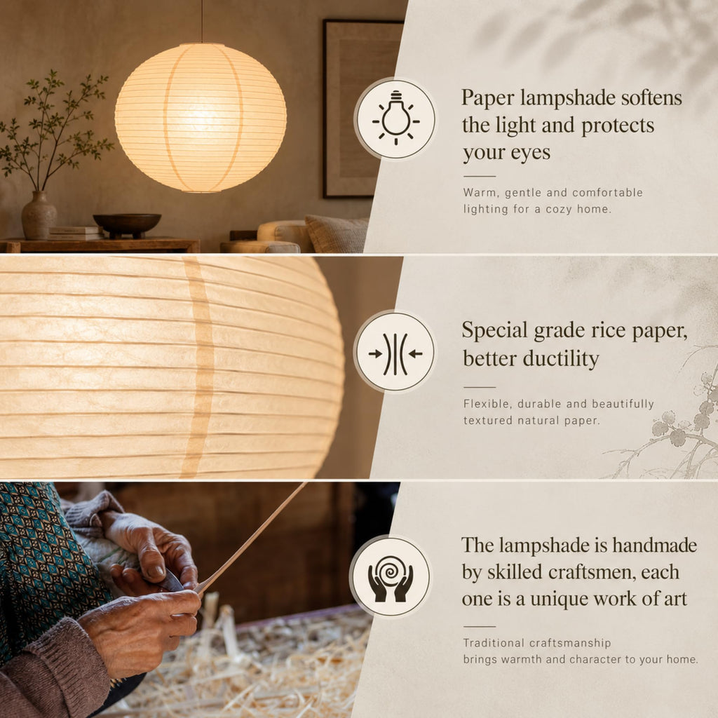 Inspired Noguchi Style 2 Pcs Chinese Paper Lanterns 20 Inch White Lampshade, Large Round and Oblate Pendant Lamp Shade, Rice Paper Lampshade