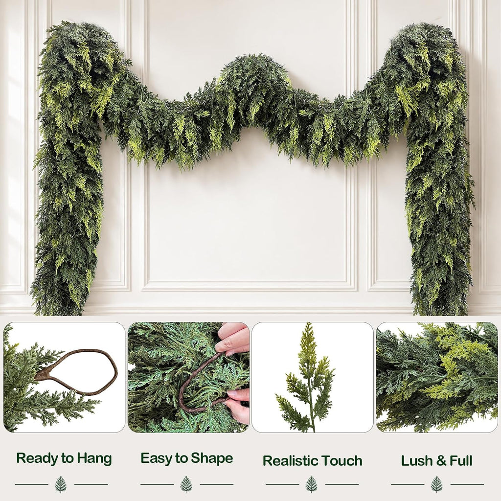 9 FT Christmas Cedar Garland, Real Touch Artificial Greenery, Mantel Decor