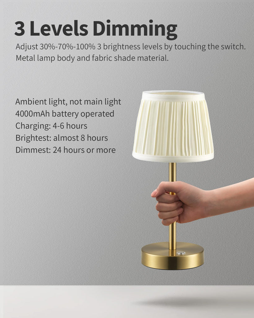 2 Pack Cordless Gold Table Lamps, Fabric Shade Bedside Small Lamp