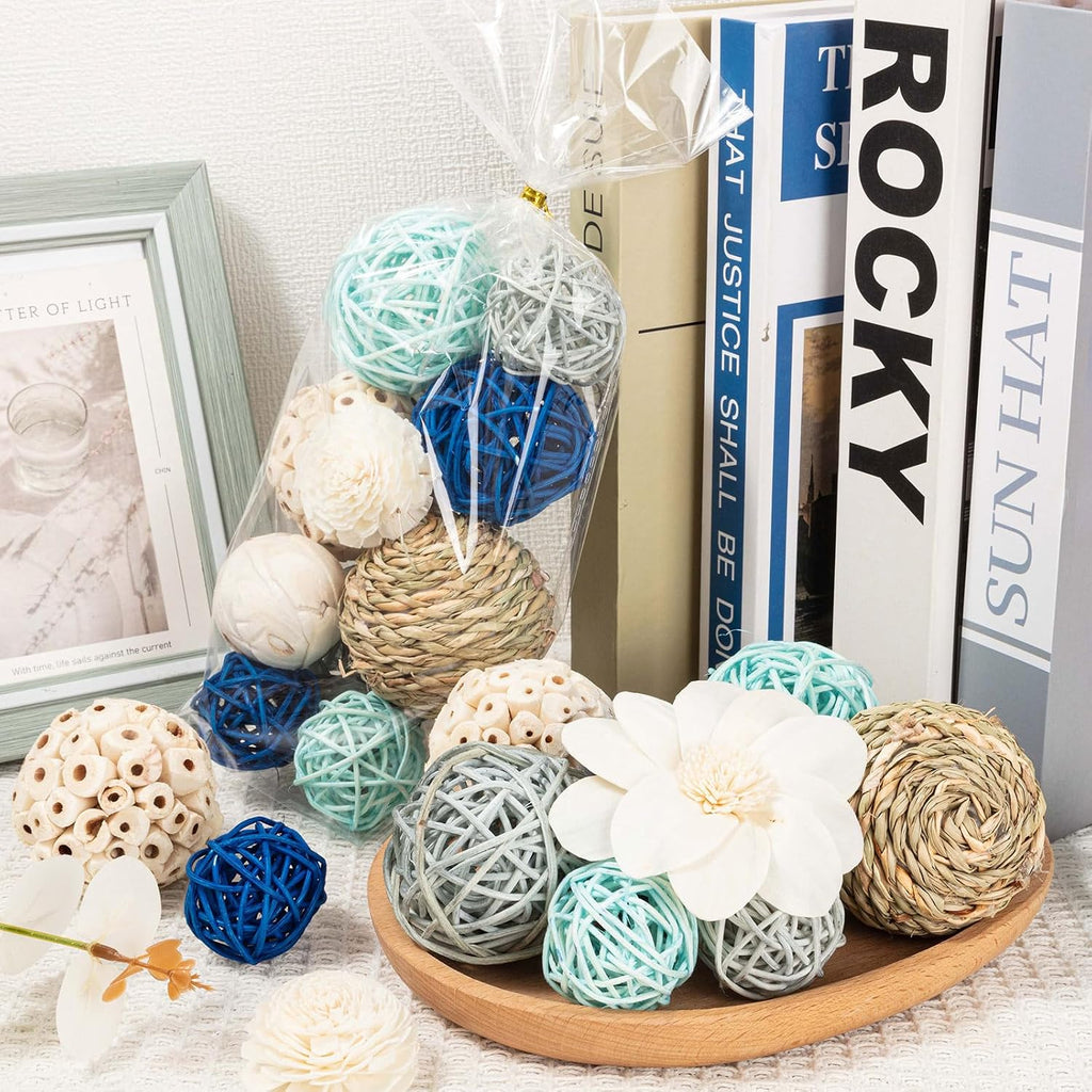 Blue and White Decorative Balls for Potpourri Bowl Filler, Bowl Filler for Table Centerpiece Home Decor, Woven - Set of 15