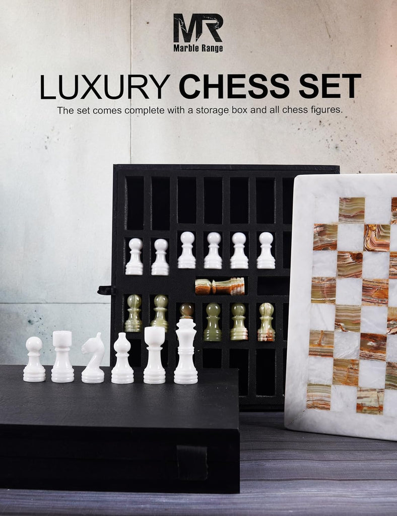 Marble Chess Set 12 Inch White and Green Handmade Board Game with Storage Box, Classic Travel Chess Set for Adults - Set of 35