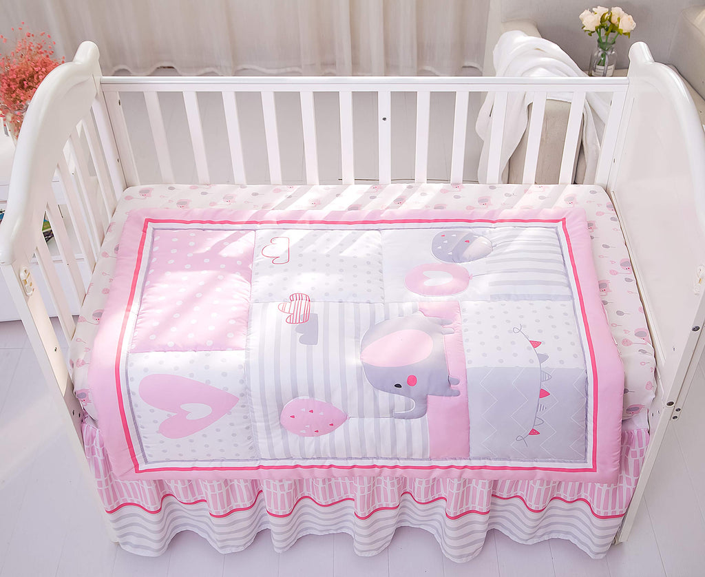 Baby Crib Bedding Set for Girls, Pink Elephant & Love Balloons 3 Piece Standard Size Nursery Crib Set for Baby Girls