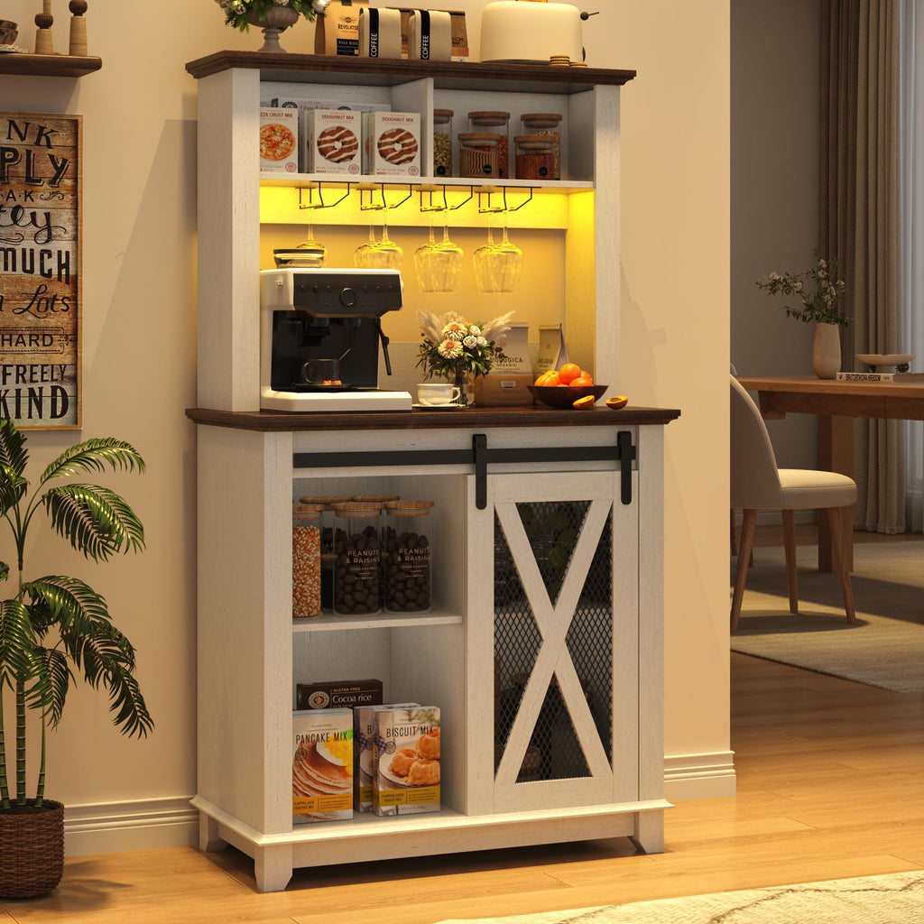 31.5"Wide Farmhouse Coffee Bar Cabinet with LED Light, Wine Bar Cabinet w/2 Storage Hutch, Kitchen Buffet Cabinet